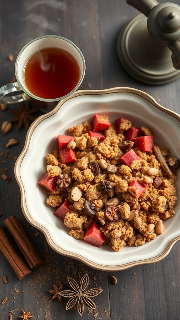 A bowl of chai-spiced rhubarb crisp with chunks of rhubarb, nuts, and a cup of tea beside it.