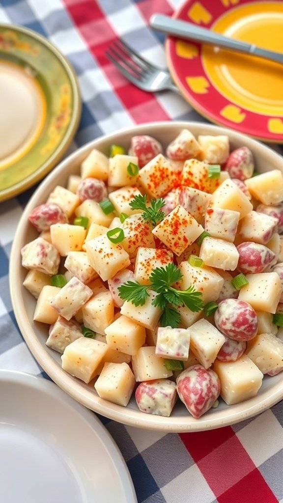 A bowl of creamy potato salad with colorful cubes of potatoes, garnished with paprika and parsley, on a checkered tablecloth.