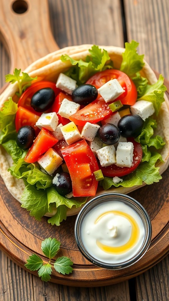 A delicious Vegetarian Greek Pita Sandwich filled with fresh vegetables and feta cheese, served with a side of yogurt.
