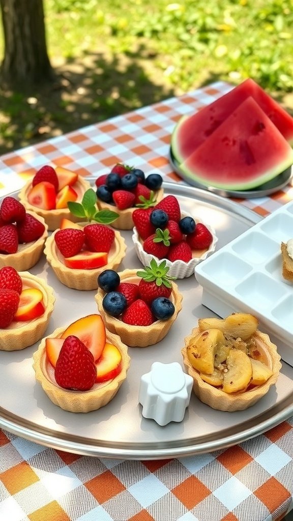 A plate of colorful fruit tarts with strawberries, blueberries, and peaches, alongside slices of watermelon on a picnic table.