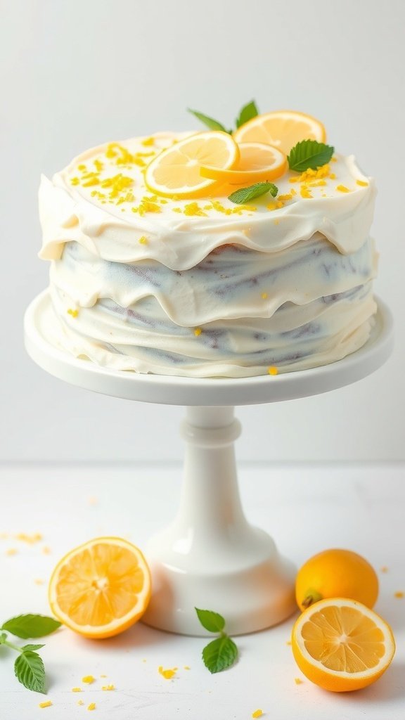 A beautifully decorated Lemon Zest Carrot Cake with lemon slices and zest on top, displayed on a white cake stand.