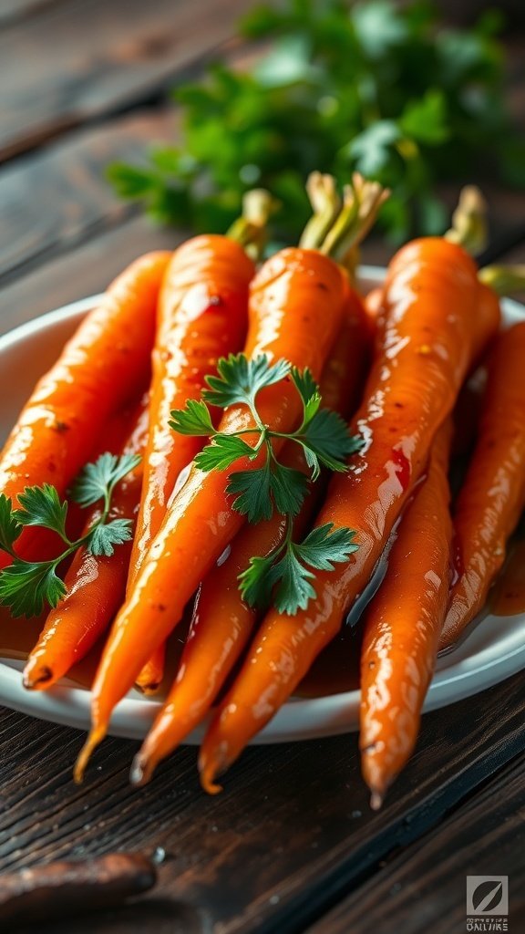 A plate of sweet maple-glazed carrots garnished with parsley.