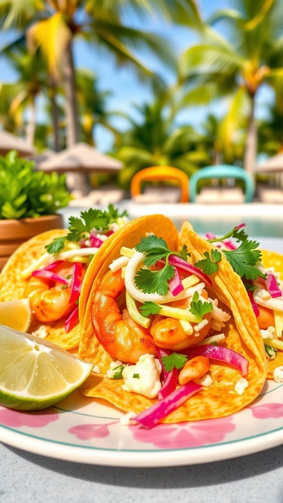 Delicious shrimp tacos with cilantro lime slaw, served on a colorful plate with lime wedges.