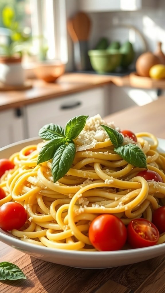 A plate of creamy avocado pasta topped with fresh basil and cherry tomatoes, set in a bright kitchen.
