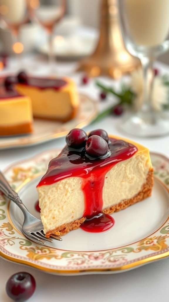 A slice of classic cheesecake with a berry swirl on a decorative plate, garnished with fresh berries.