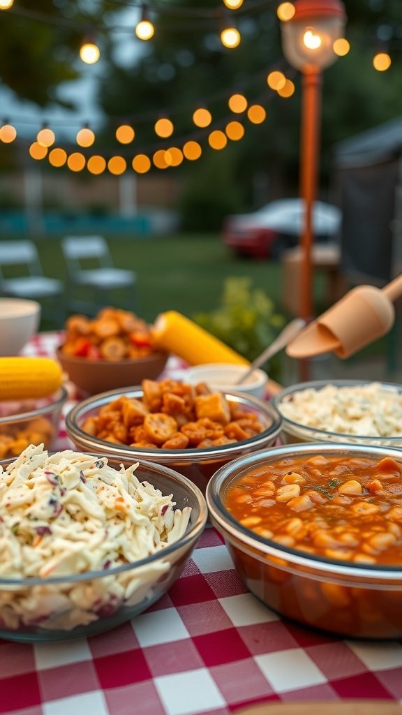 A colorful summer dinner party spread with bowls of coleslaw, baked beans, corn on the cob, and pasta salad.