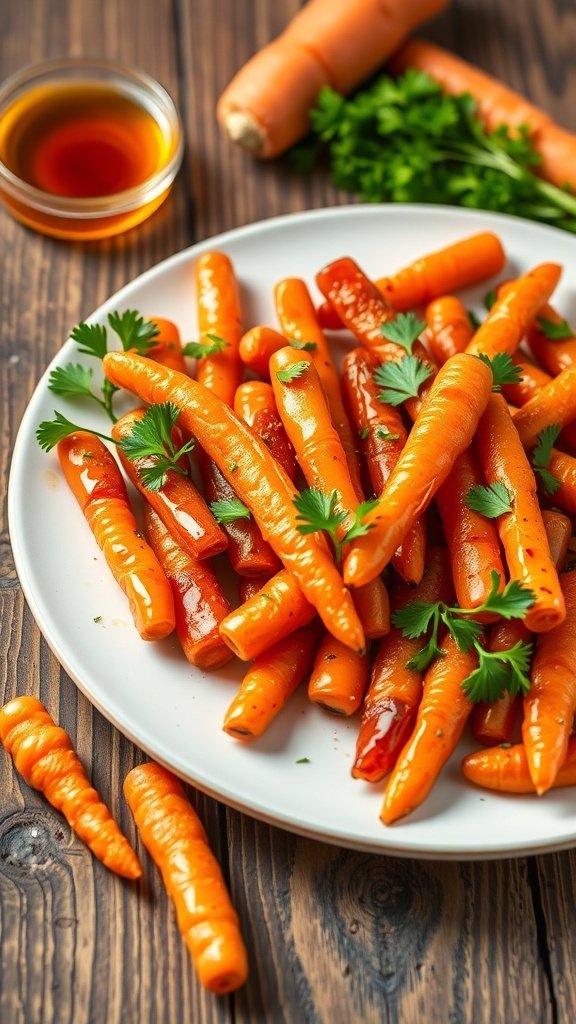 Plate of roasted baby carrots drizzled with honey and garnished with parsley