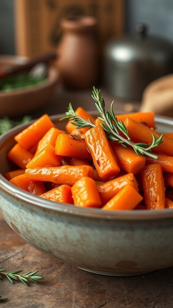 A bowl of hearty braised carrots garnished with thyme