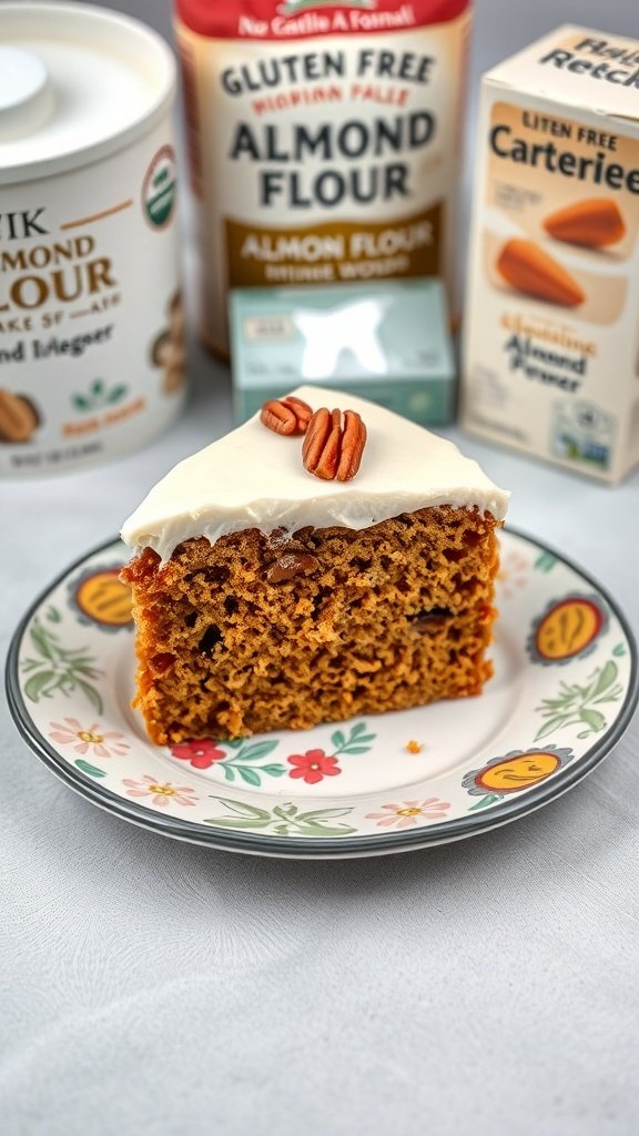 A slice of gluten-free carrot cake topped with cream cheese frosting and pecans, with almond flour and other ingredients in the background.