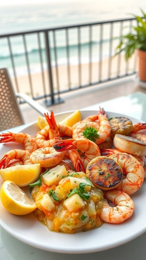 A plate of grilled shrimp and scallops with mango salsa and lemon wedges, set against a beach backdrop.