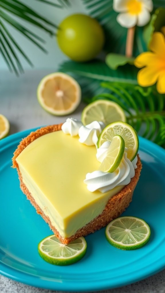 A slice of Key Lime Pie on a blue plate, garnished with lime slices and whipped cream.