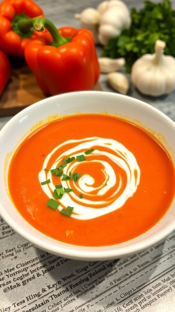 A bowl of roasted red pepper soup garnished with cream and herbs, with red peppers and garlic in the background.