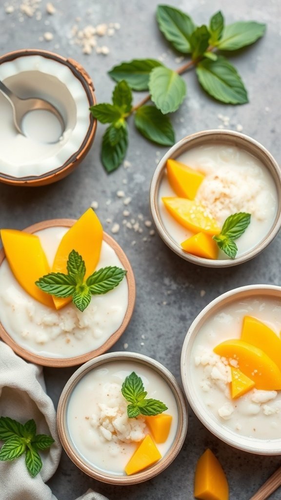 Bowls of Mango Coconut Rice Pudding topped with fresh mango slices and mint leaves