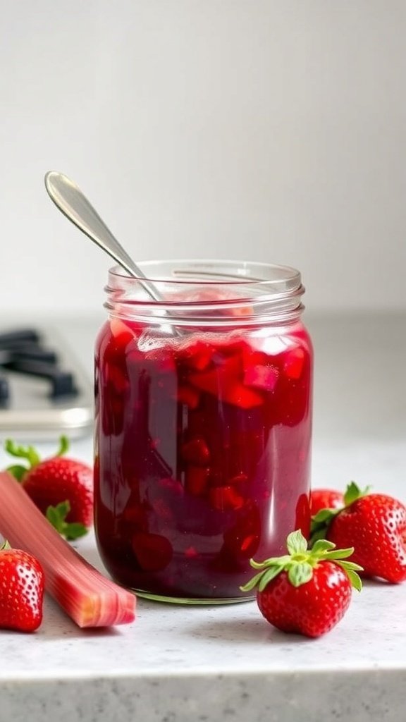 A jar of rhubarb and strawberry jam with fresh strawberries and rhubarb stalks around it.