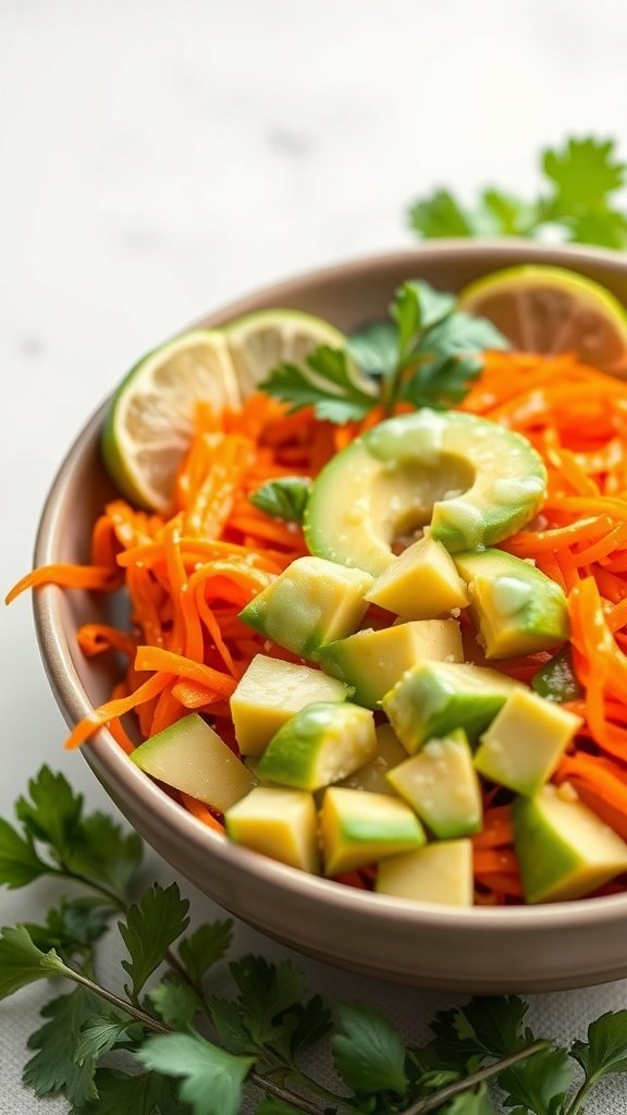 A bowl of carrot salad with avocado and lime dressing, garnished with lime wedges and cilantro.