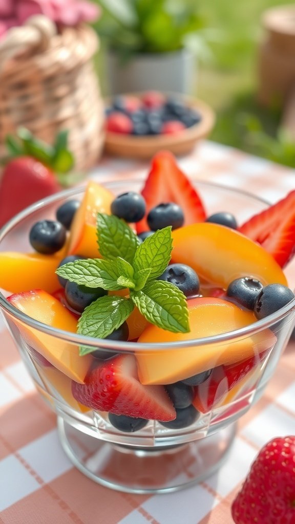 A colorful bowl of summer fruit salad with strawberries, blueberries, and peaches garnished with mint.