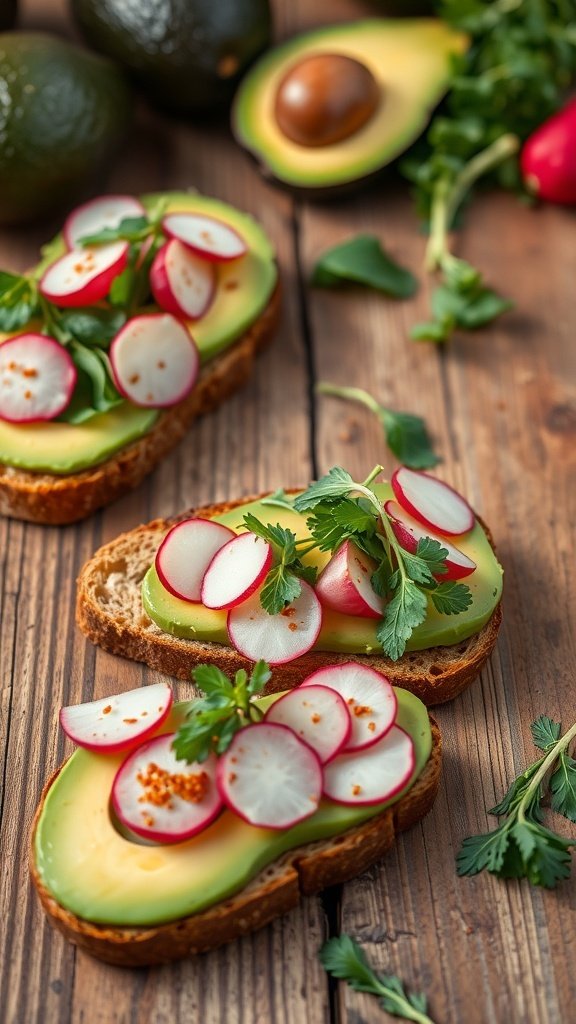 Zesty avocado toasts topped with radishes and cilantro on a wooden table.