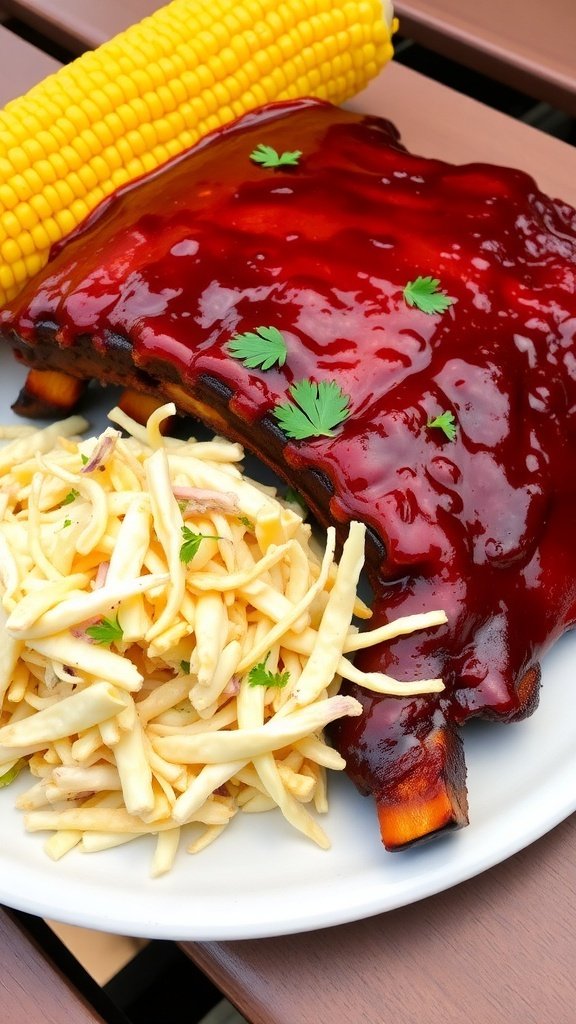 A plate of BBQ ribs with corn on the cob and coleslaw