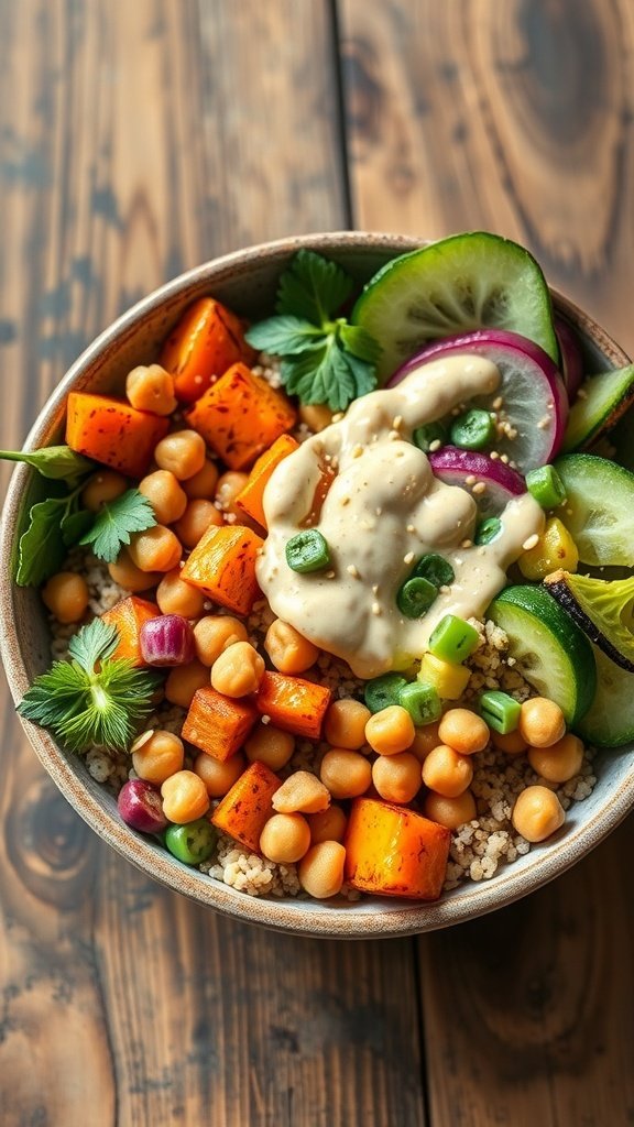 A colorful grain bowl with quinoa, roasted sweet potatoes, chickpeas, cucumbers, radishes, and tahini dressing.