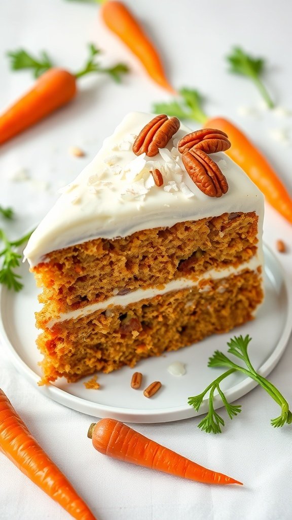 A slice of vegan carrot cake topped with pecans and surrounded by fresh carrots.