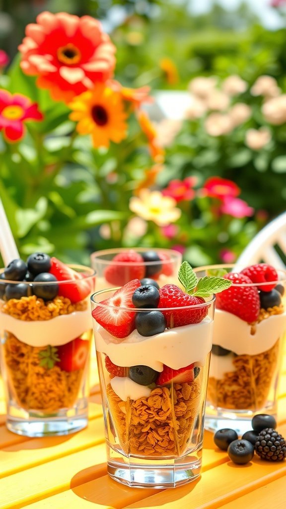 Colorful parfaits with granola, yogurt, and berries in clear glasses, surrounded by flowers.