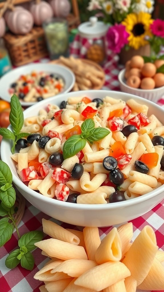 A vibrant bowl of creamy pasta salad with colorful vegetables and fresh basil, perfect for a summer party.