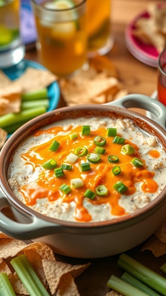 A bowl of Buffalo chicken dip topped with cheese and green onions, surrounded by tortilla chips and celery sticks.