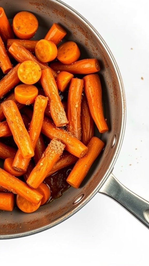 A skillet filled with caramelized cinnamon sugar carrots, showcasing their vibrant orange color.
