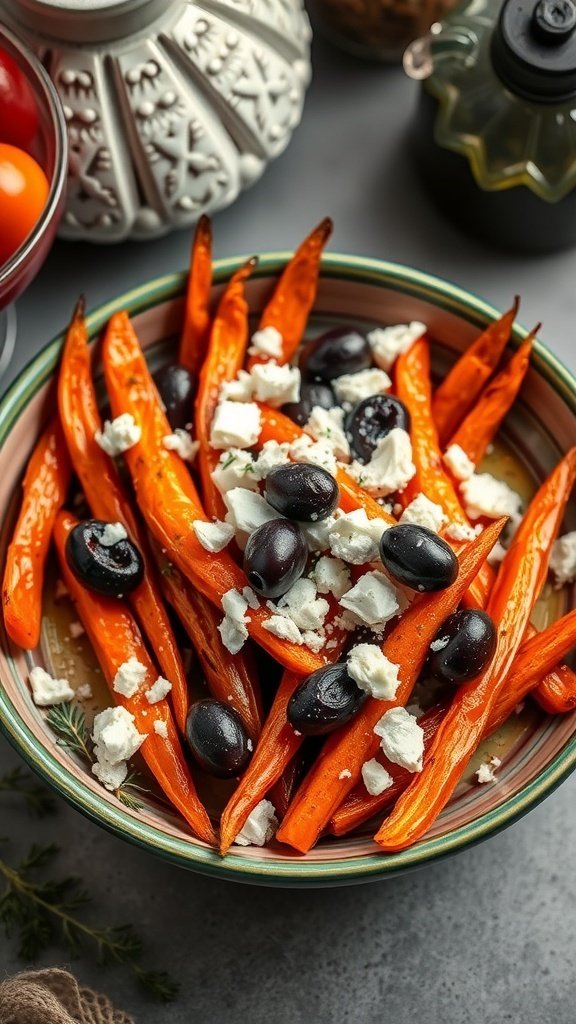 A bowl of roasted carrots topped with feta cheese and olives, surrounded by kitchen ingredients.
