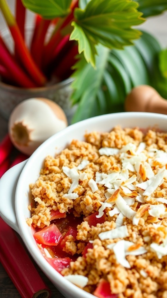 A dish of rhubarb crisp topped with coconut flakes, surrounded by fresh rhubarb stalks and eggs.