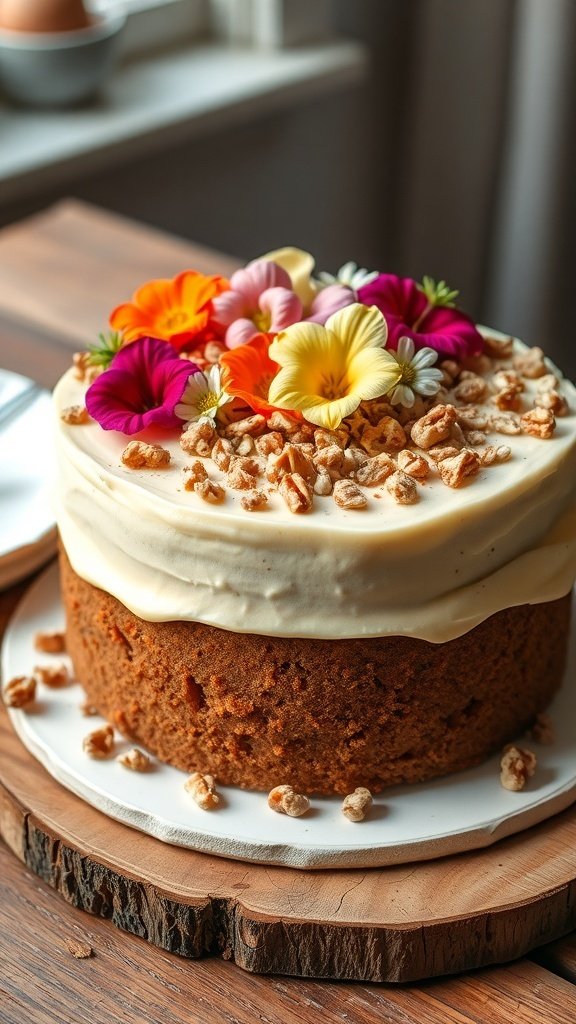 A beautifully decorated vegan carrot cake topped with colorful edible flowers and nuts.