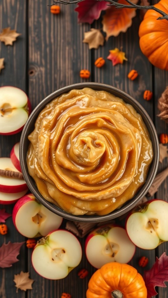 A bowl of caramel apple dip surrounded by sliced apples and autumn leaves.