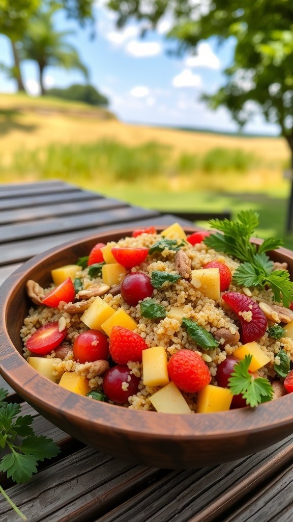 A colorful quinoa salad with fruits and nuts in a wooden bowl, set outdoors.