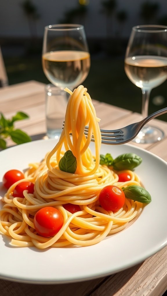 A plate of spaghetti with cherry tomatoes and basil, accompanied by glasses of white wine.