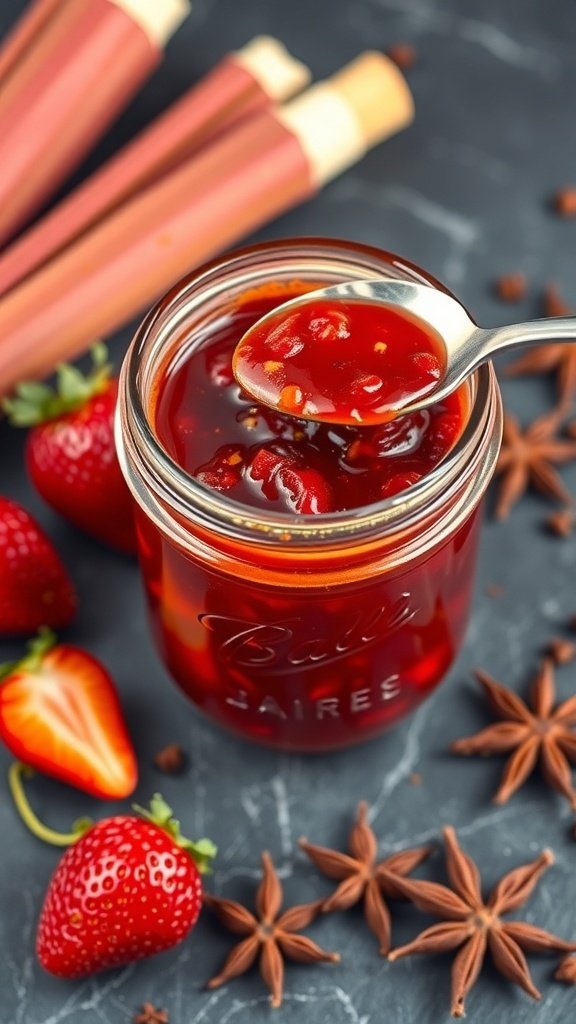 A jar of spicy strawberry rhubarb jam with fresh strawberries and rhubarb stalks around it.
