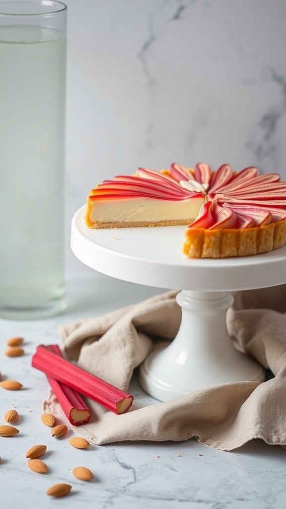 A beautifully presented rhubarb and almond tart on a white cake stand, with fresh rhubarb stalks and almonds scattered around.