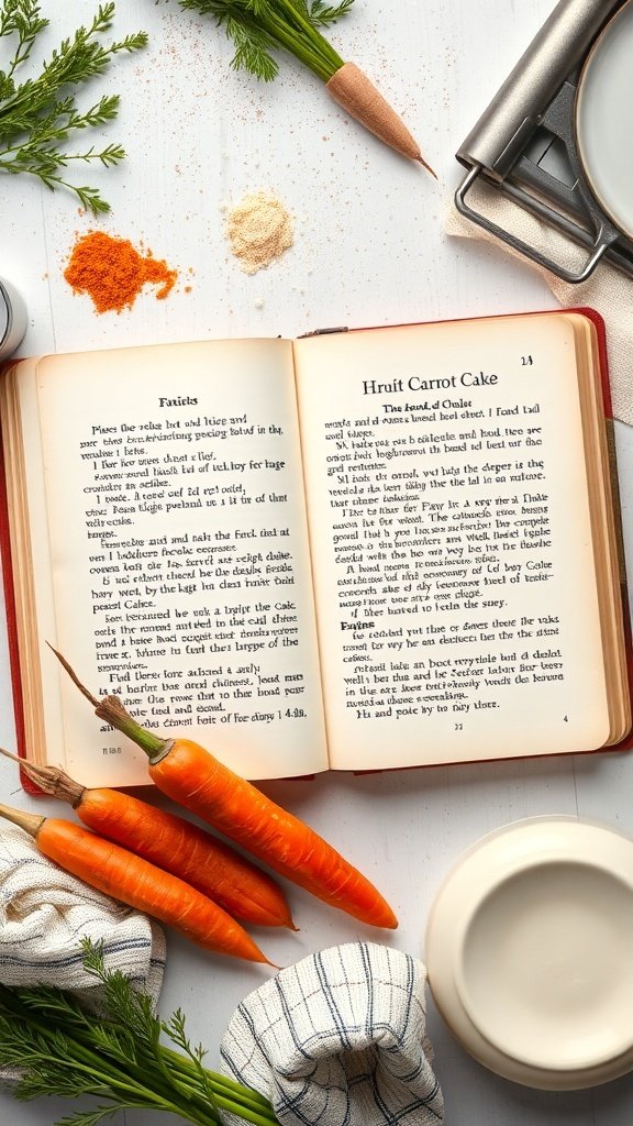 A vintage cookbook open to a carrot cake recipe, surrounded by fresh carrots and baking ingredients.