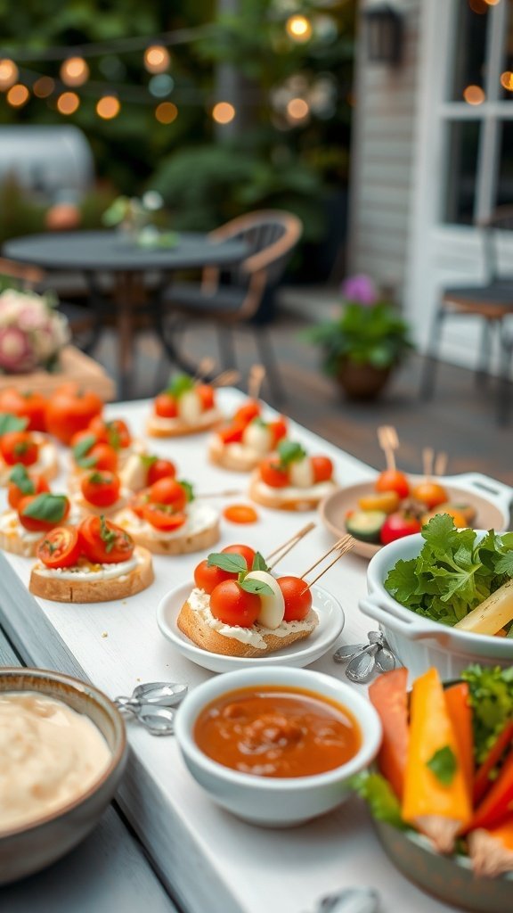 A summer dinner party spread featuring bruschetta with tomatoes and cream cheese, fresh vegetables, and dips.