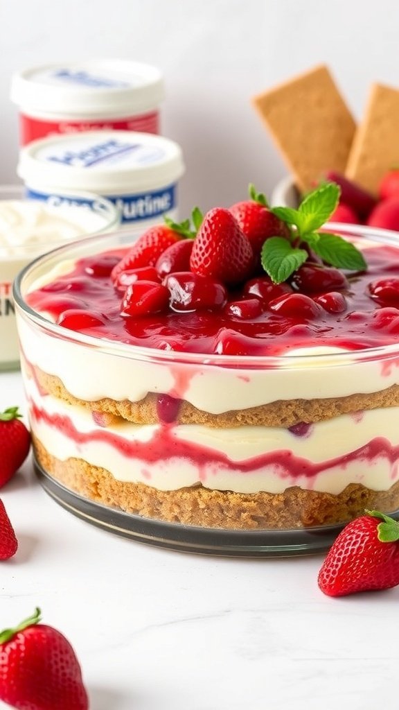 No-bake strawberry rhubarb cheesecake in a glass dish topped with strawberries and cherries