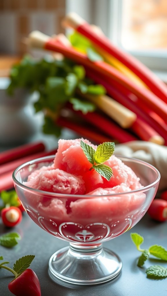 A bowl of rhubarb sorbet garnished with mint leaves, surrounded by fresh rhubarb stalks.