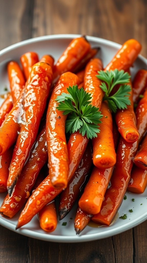 A plate of honey-glazed carrots garnished with parsley.