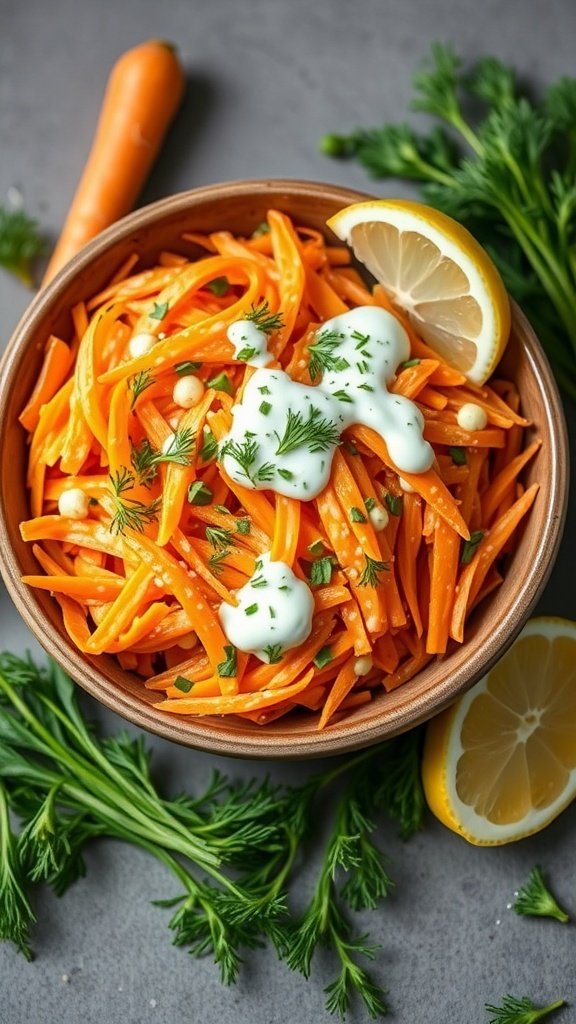 A bowl of herbed carrot salad topped with yogurt dressing and dill, with a lemon slice on the side.