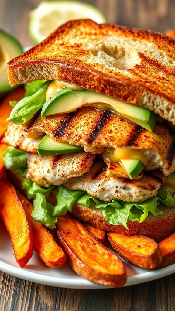 A zesty grilled chicken avocado sandwich with sweet potato fries on the side.