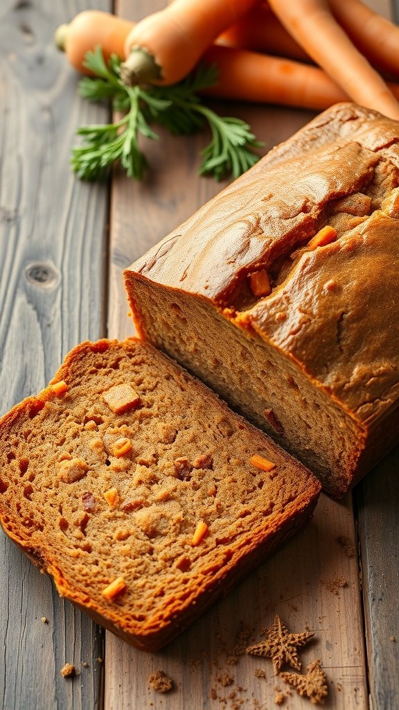 A loaf of carrot bread with slices cut, surrounded by fresh carrots.