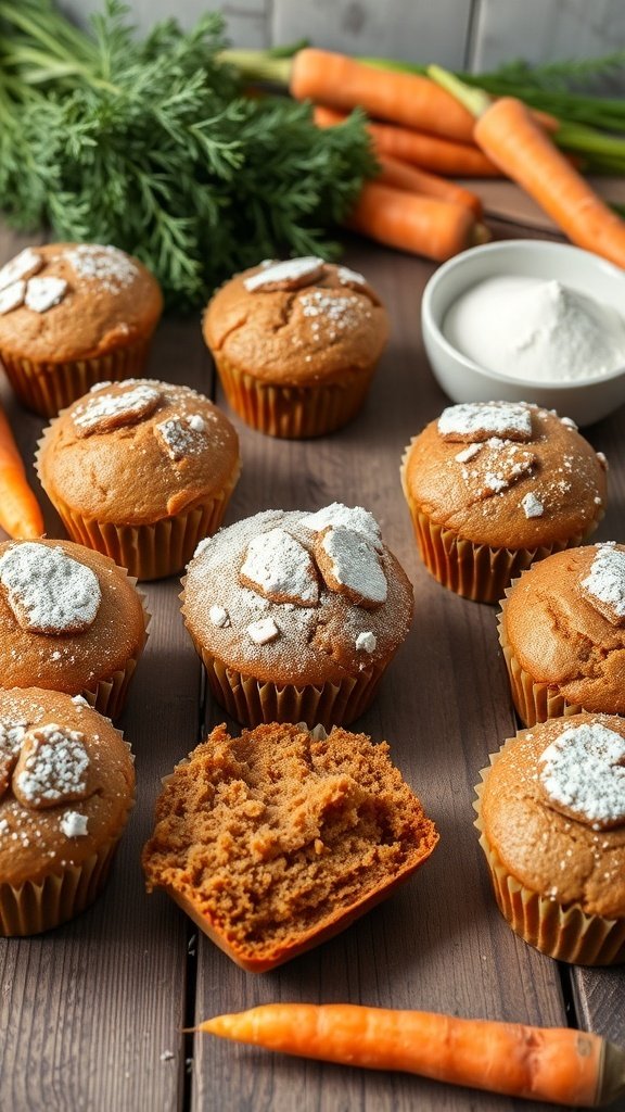 Freshly baked gluten-free carrot cake muffins with powdered sugar and almonds on top, surrounded by fresh carrots.