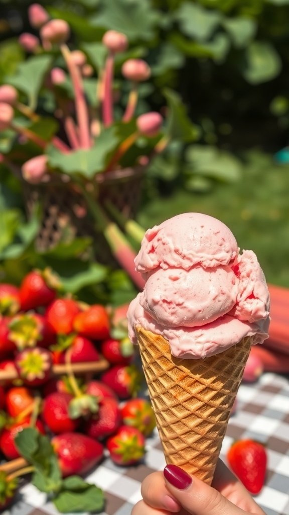 A delicious cone of strawberry rhubarb ice cream with fresh strawberries and rhubarb in the background.
