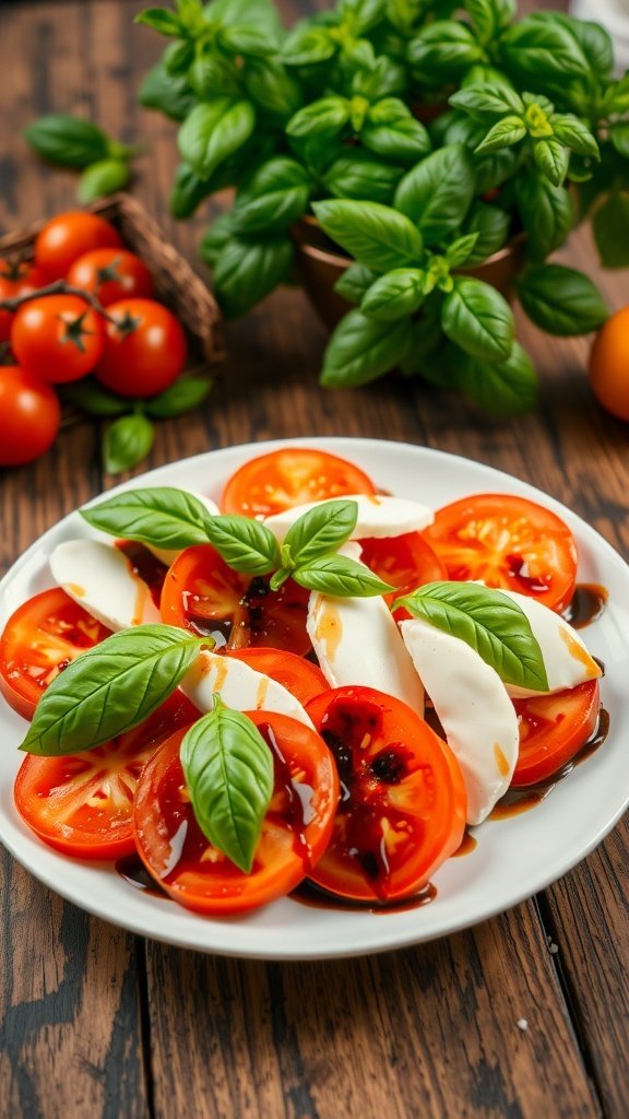 A plate of Caprese salad with tomatoes, mozzarella, and fresh basil, drizzled with balsamic glaze.