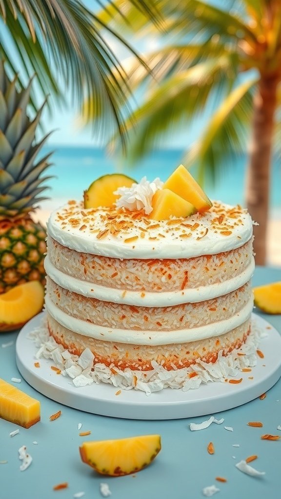 A beautiful Tropical Coconut Pineapple Cake with layers of coconut and pineapple, topped with whipped cream and garnished with fresh pineapple and toasted coconut, set against a tropical background.