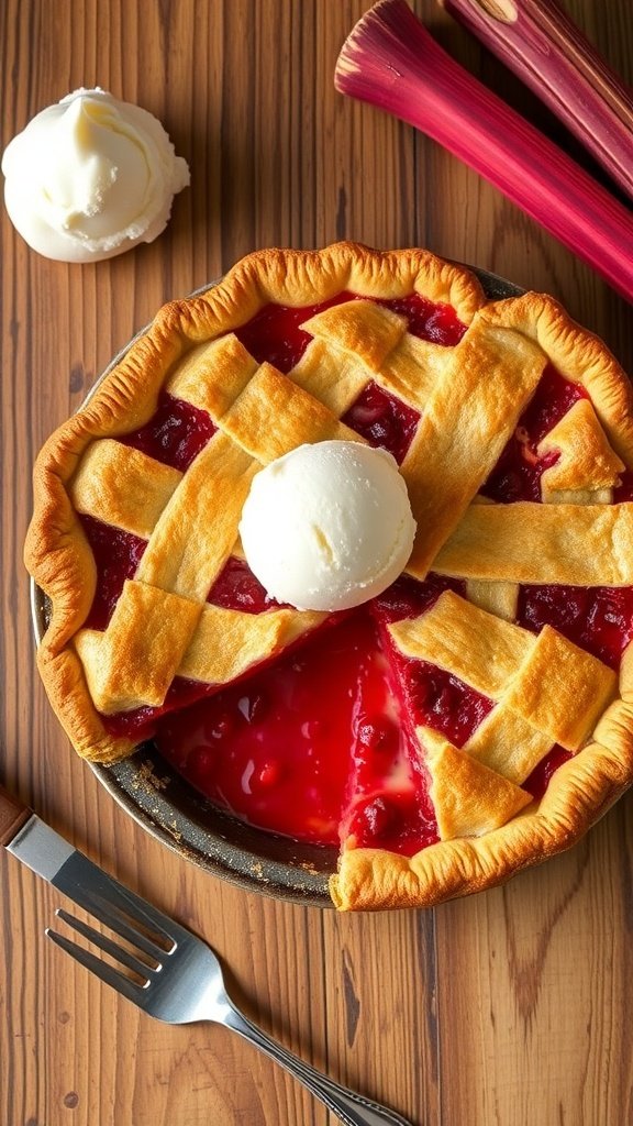 A classic rhubarb pie with a flaky crust, topped with a scoop of vanilla ice cream.