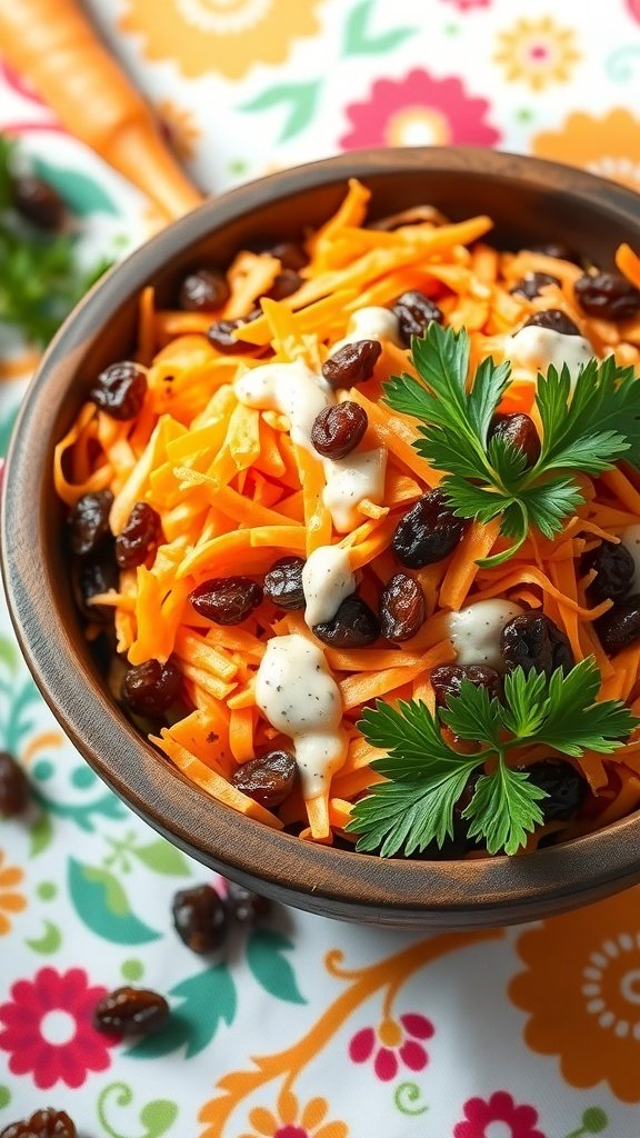 A bowl of carrot raisin salad with shredded carrots, raisins, and a creamy dressing garnished with parsley.